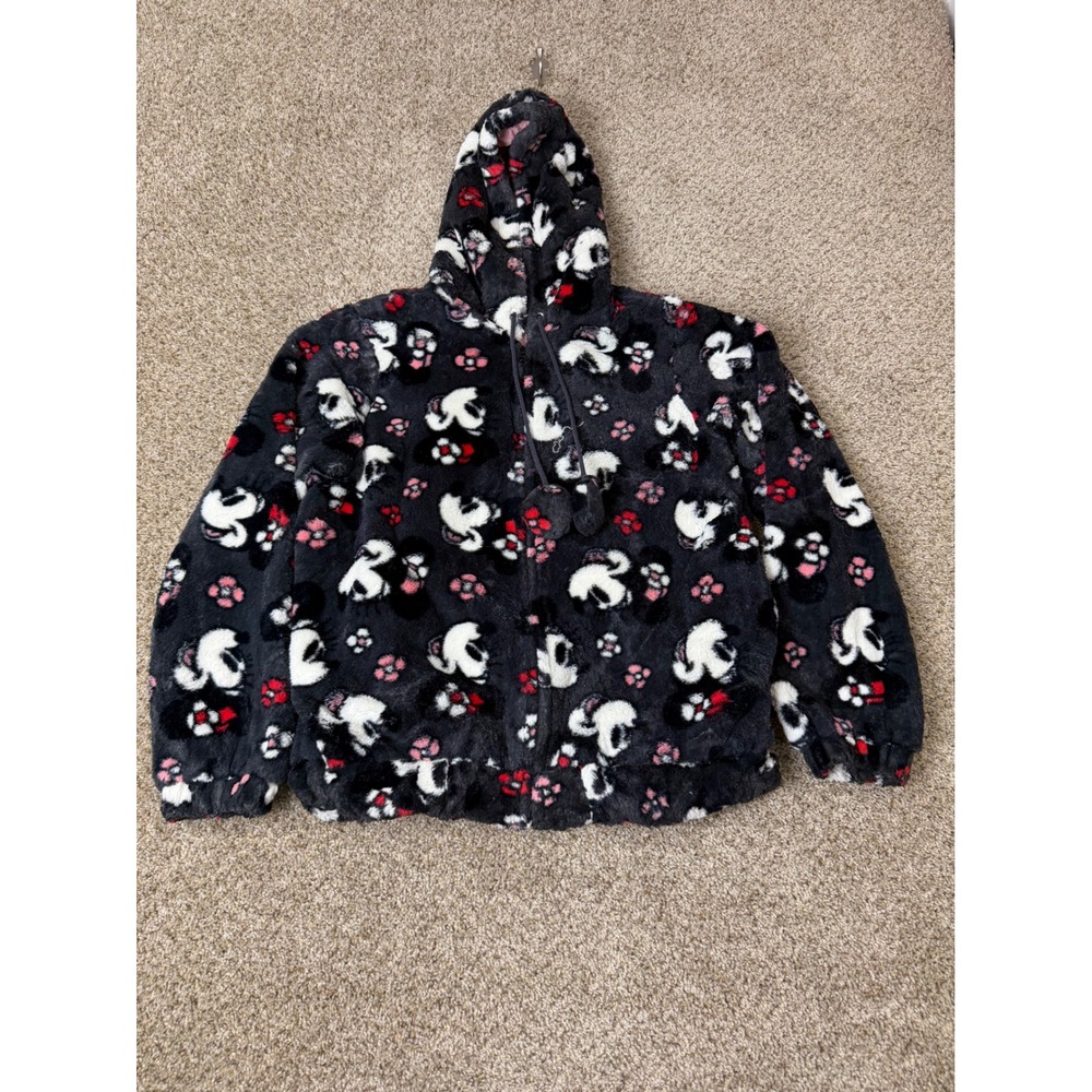 Disney Minnie Mouse Faux Fur Fleece Full Zip Hoodie Jacket Grey Pink Womens L